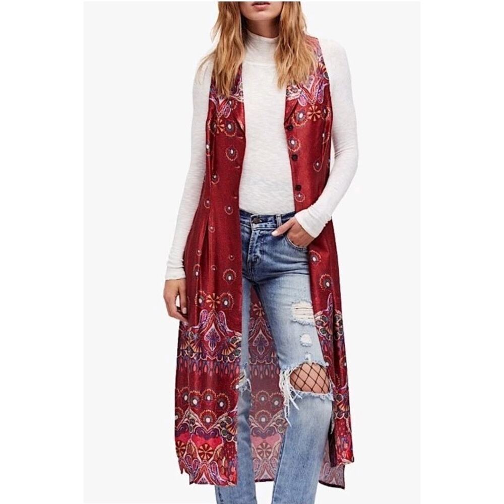 Free People Come See About Me Maxi Satiny Vest/Blouse Paisley Print XS Small